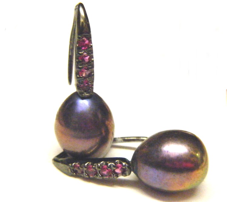 Aubergine Black Drops on oxydised Silver Hooks Earrings